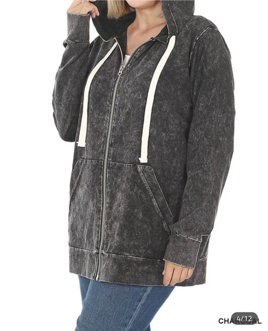 Plus Happily Distressed Zip-Up Hoodie (Ash Black) - The Signature Fit