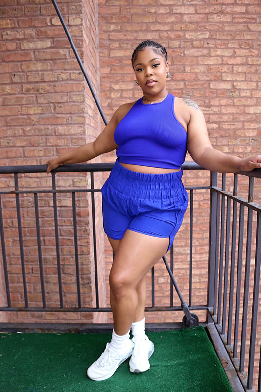 Plus Easy Going Ribbed Cropped Top Windbreaker Short Set (Indigo Blue) - The Signature Fit