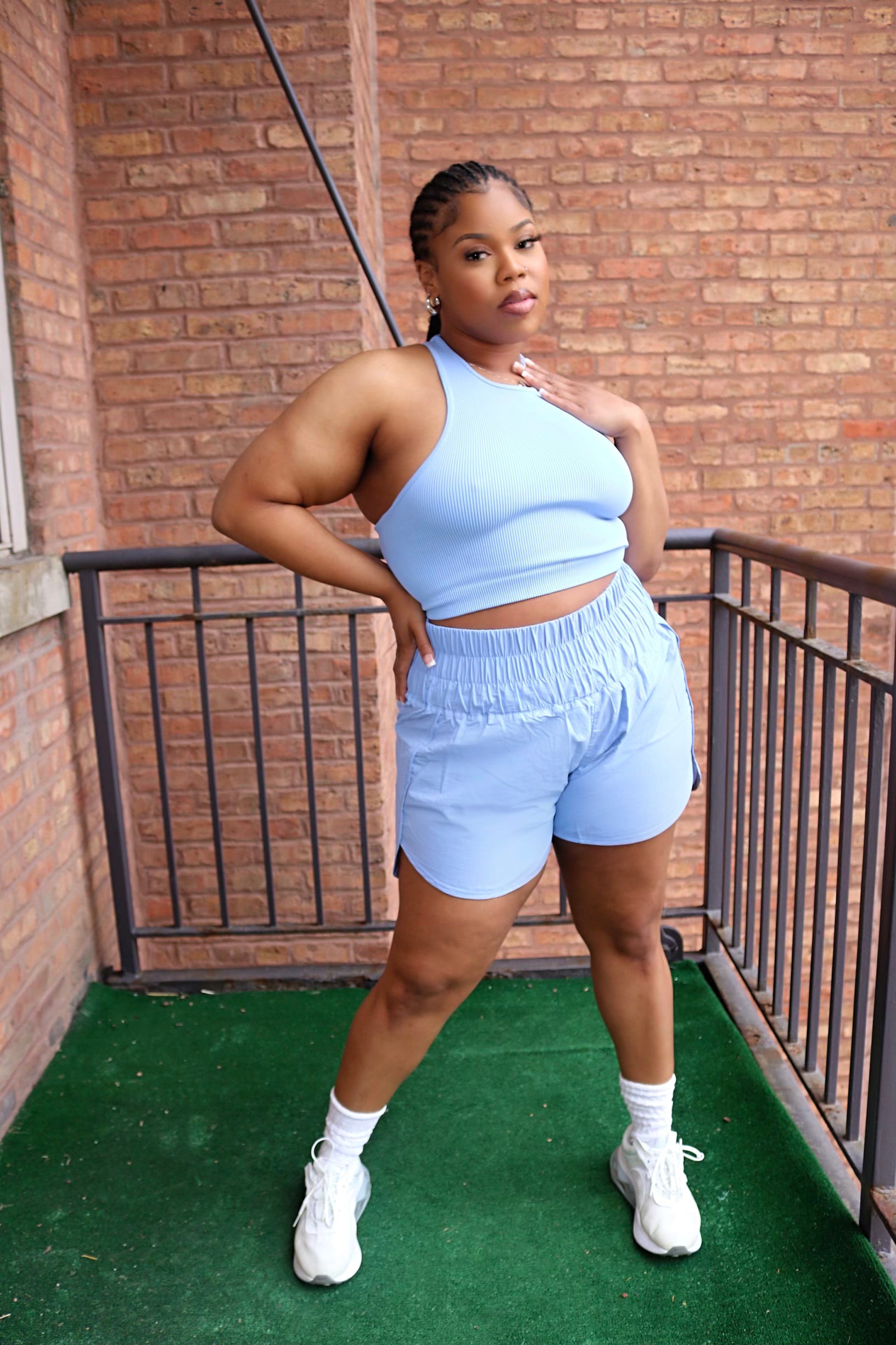 Plus Easy Going Ribbed Cropped Top Windbreaker Short Set (Spring Blue) - The Signature Fit
