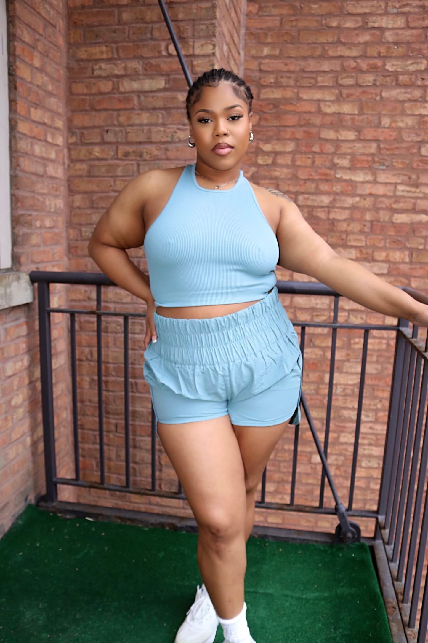 Plus Easy Going Ribbed Cropped Top Windbreaker Short Set (Blue Grey) - The Signature Fit