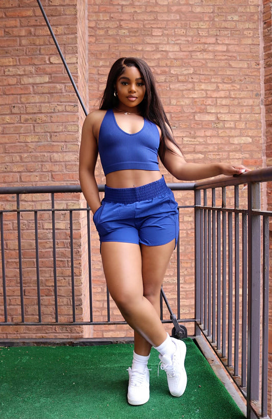 Easy Going Ribbed Cropped Top Windbreaker Short Set (Lt Navy) - The Signature Fit